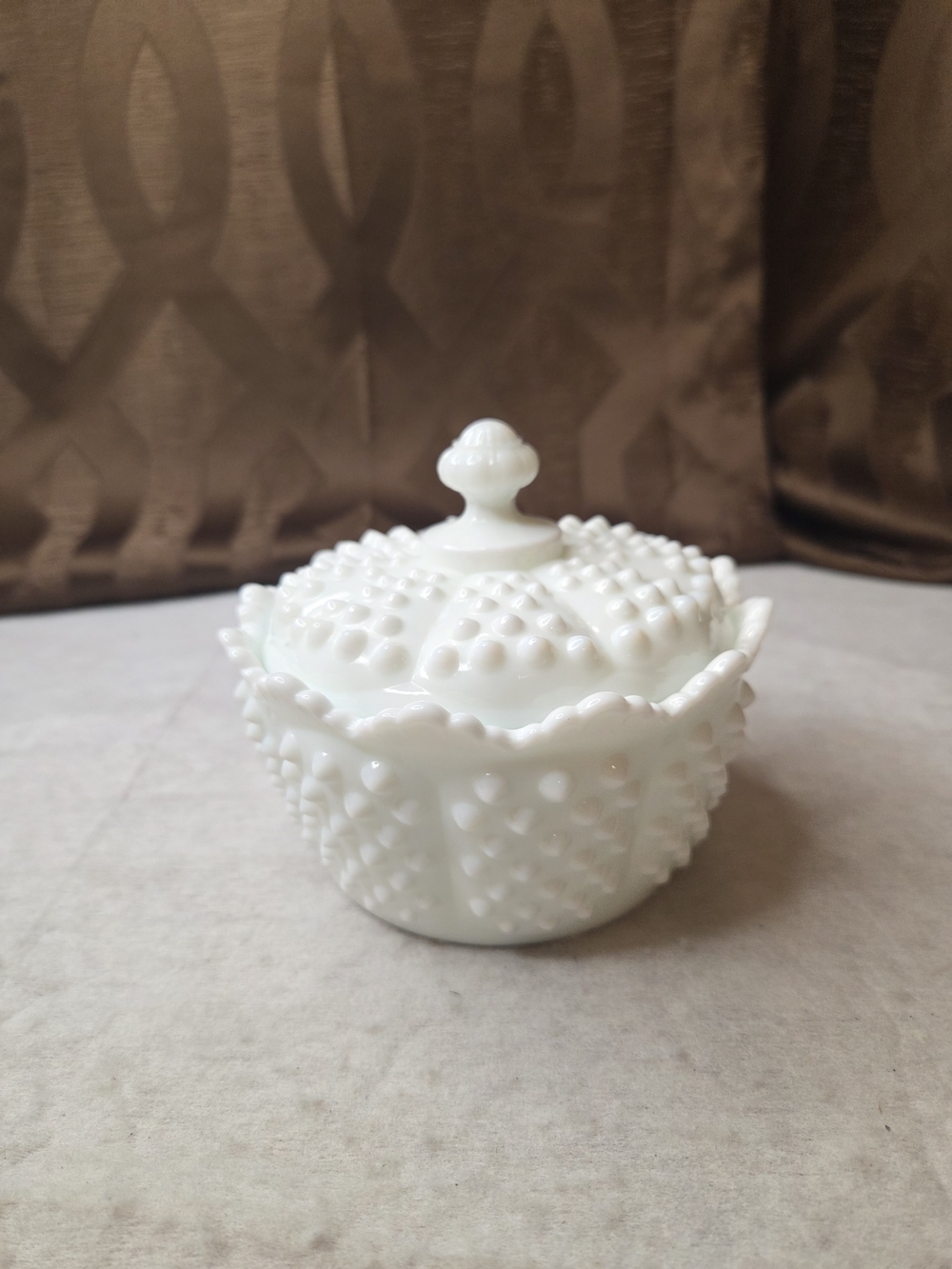 Fenton White Milk Glass Hobnail Covered Candy Dish
